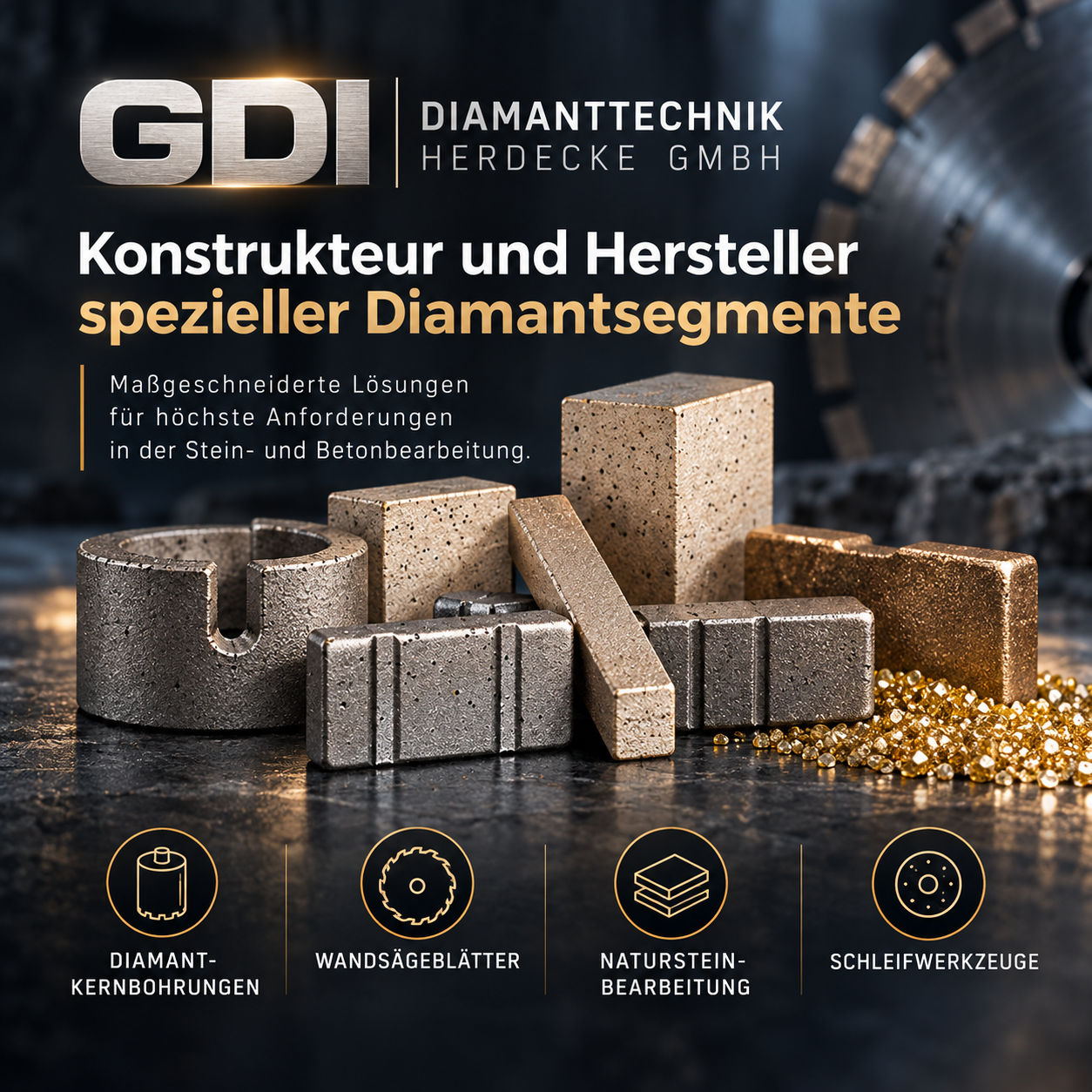 Hersteller für Diamantsegmente für Diamantkernbohrungen, Wandsägeblätter, Natursteinbearbeitung, Schleifwerkzeuge